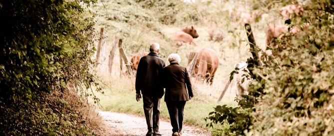 Image of senior man and woman waking down a path.