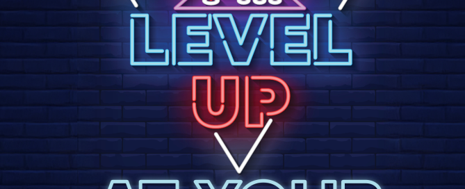 Image in neon with an vintage arcade game and the words level up at your library.