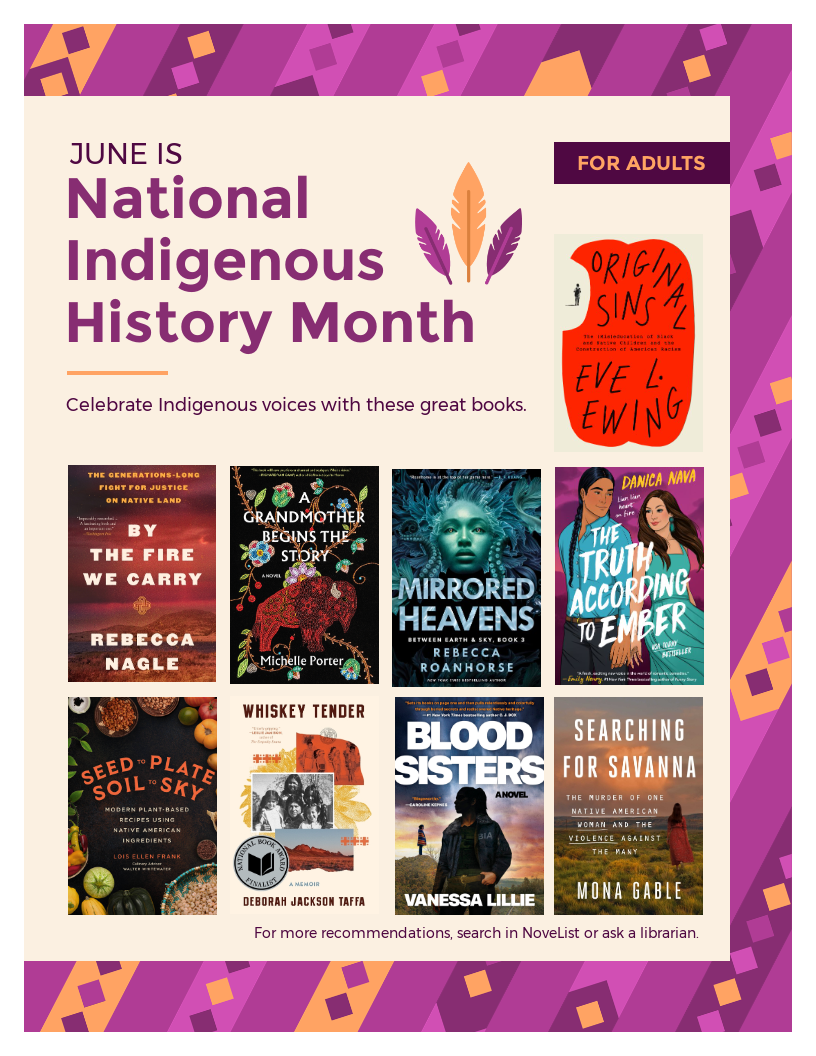 Eight book covers for adults titled National Indigenous History Month.