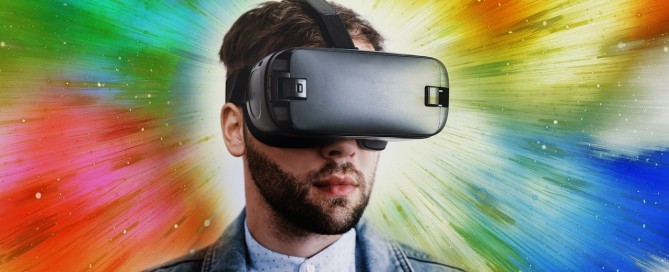 Man wearing a virtual reality headset with colorful background.