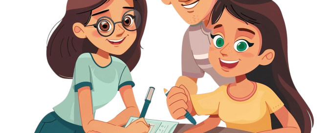 Illustration of family doing homework