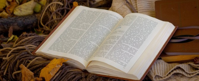 Photo of a book sitting on a scarf and coat with fall leaves scattered around.