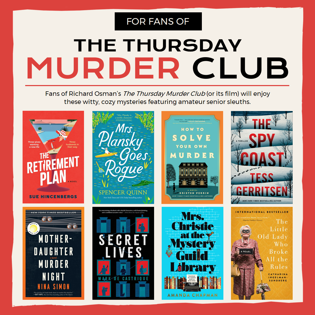 Image of 8 book covers with the title of "The Thursday Murder Club."