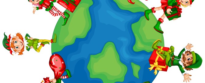 Illustration of a globe with children dressed as Christmas Elves.