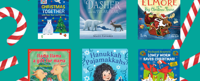 Image with pictures of six holiday picture book covers, surrounded by candy canes.