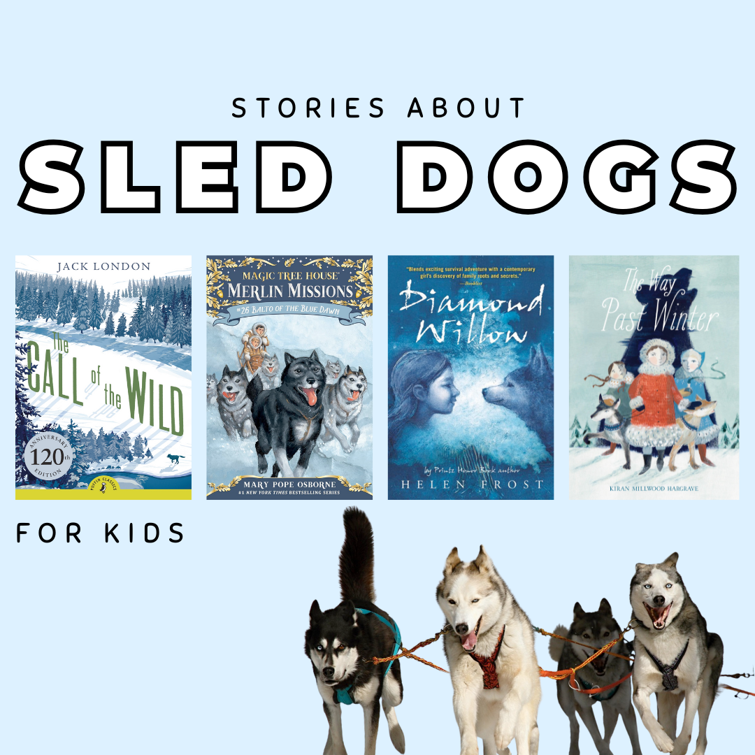 Image with four book covers about sled dogs.