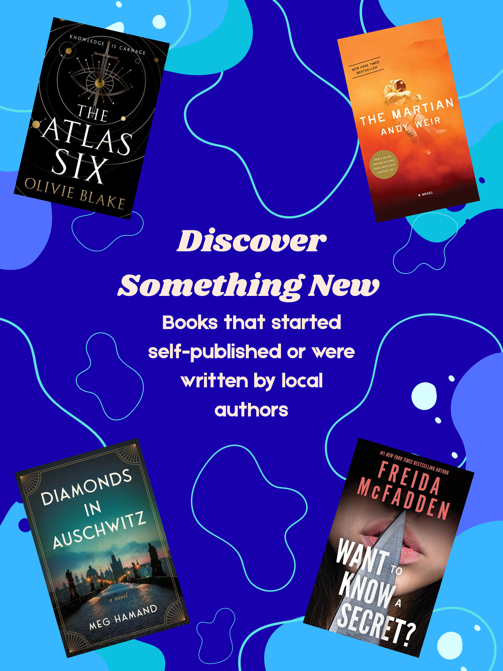 Books that started self-published or were written by local authors. Includes 4 book cover images.