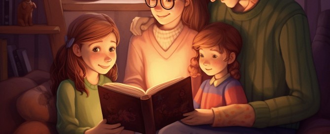 AI image of a family reading together.