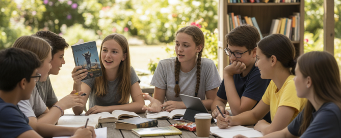 Group of teens sitting at a table outside discussing books.