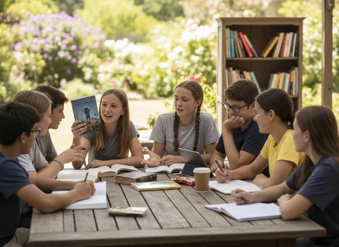 Group of teens sitting at a table outside discussing books.