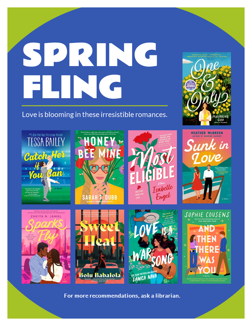 Image with nine book covers titled spring fling irresistible romances.