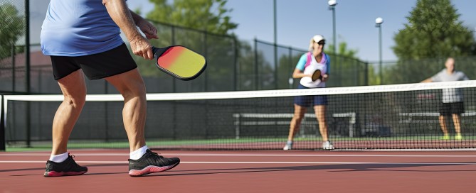 Picture of three adults playing pickleball at an outside court. Generative ai