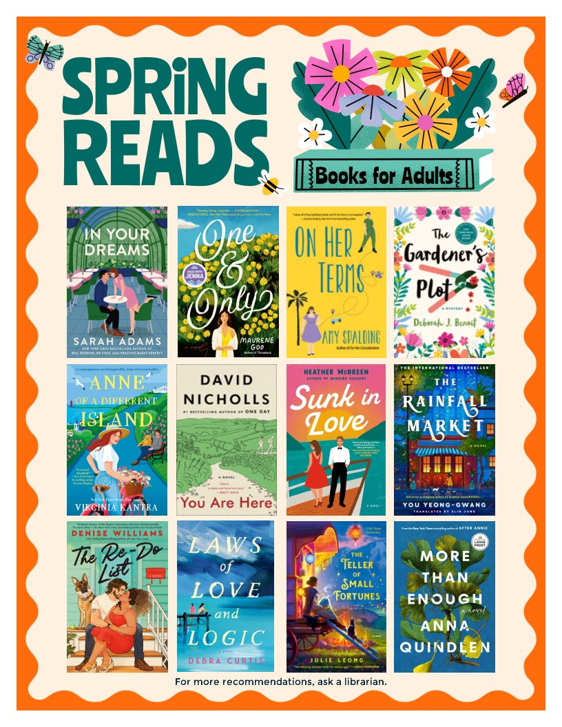 Image with twelve book covers titled "Spring Reads Books for Adults."