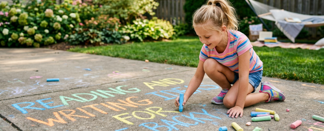 Image of young girl outside writing with chalk on the sidewalk.