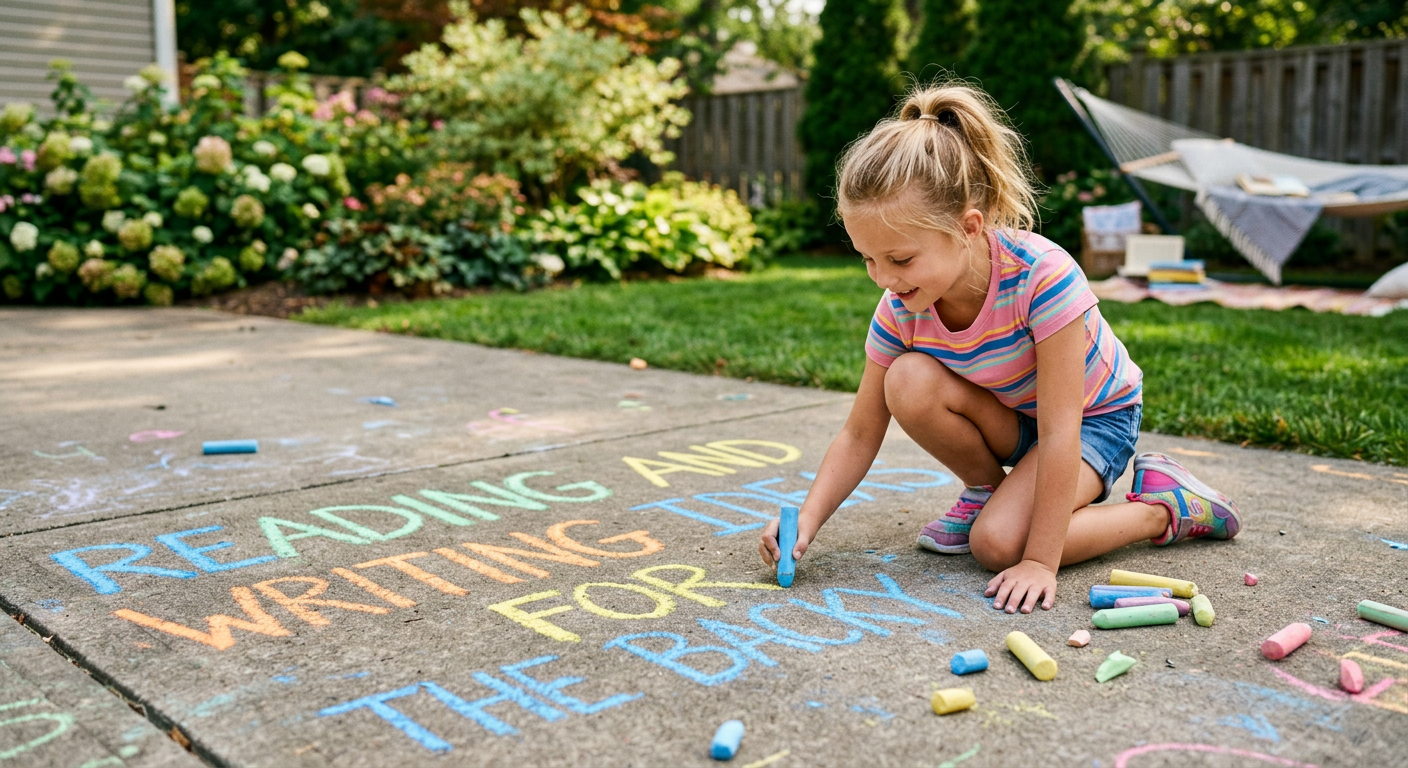 Image of young girl outside writing with chalk on the sidewalk.