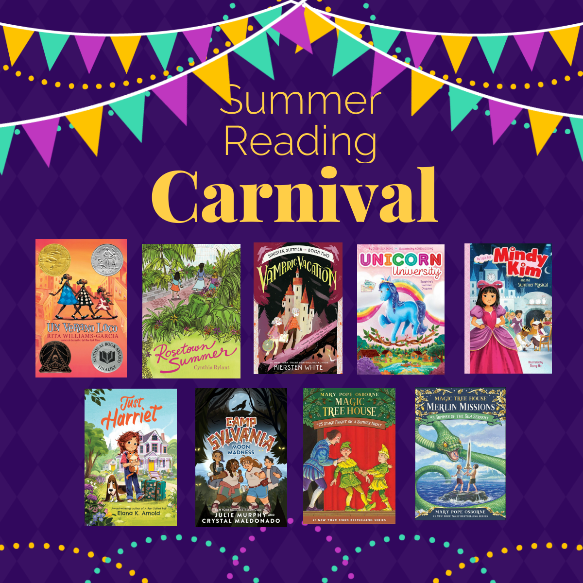 Image with nine book covers titled "Summer Reading Carnival."